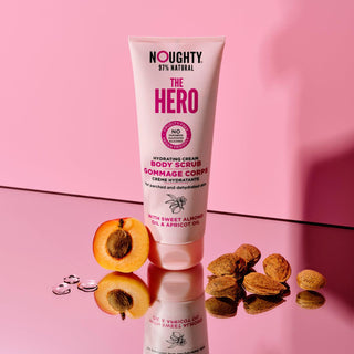Noughty The Hero hydrating cream body scrub for dry, parched and dehydrated skin. Natural body care vegan cruelty free natural sulphate free paraben free