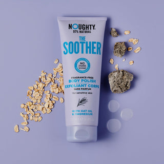 Noughty The Soother fragrance free body polish exfoliator for sensitive and reactive skin. Natural body care vegan cruelty free natural sulphate free paraben free